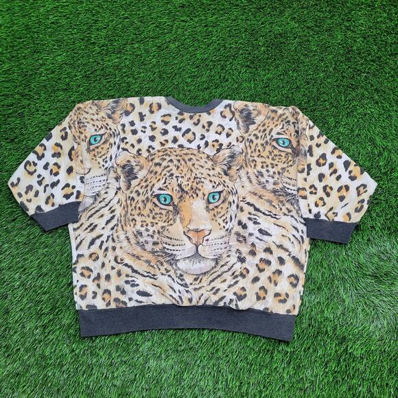 Vintage 90s Leopard AOP Sweatshirt Women M/L 22x20 Baggy USA - Picture 1 of 13